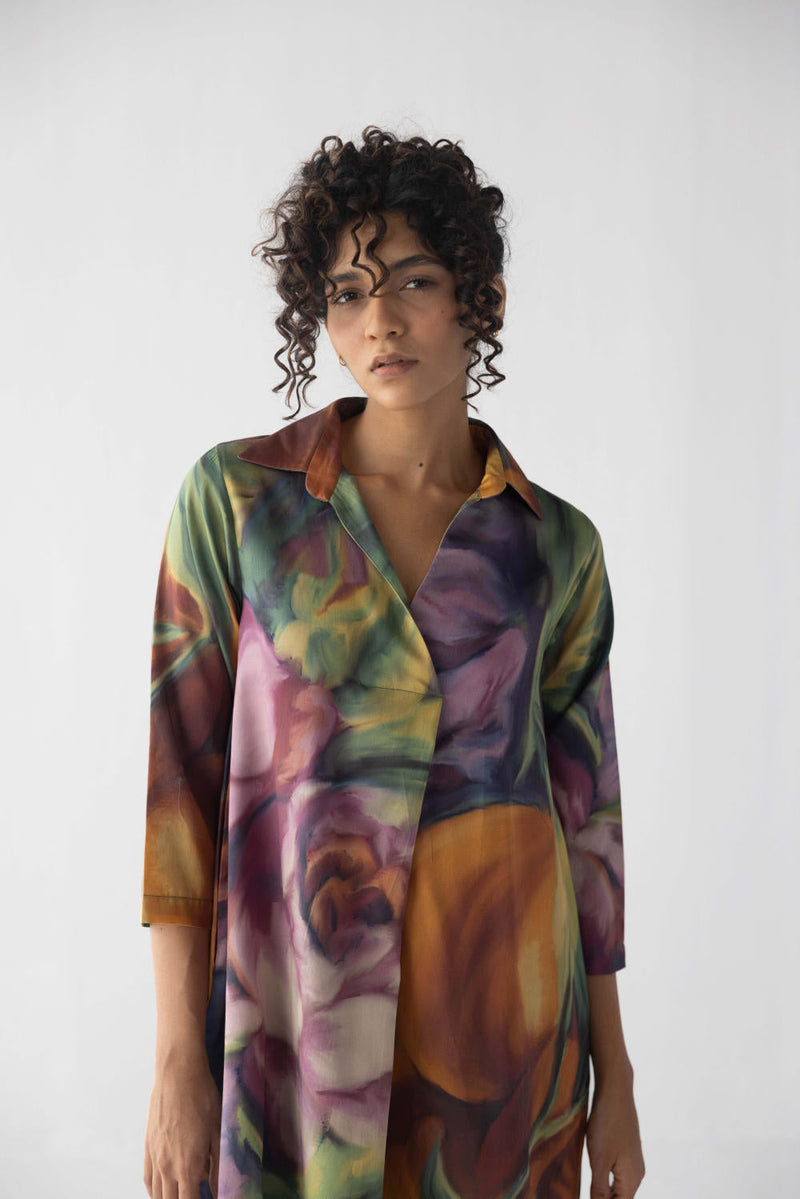 FRUIT FARM V-NECK COLLAR LONG DRESS satin by Yam in multi color for women Worldwide
