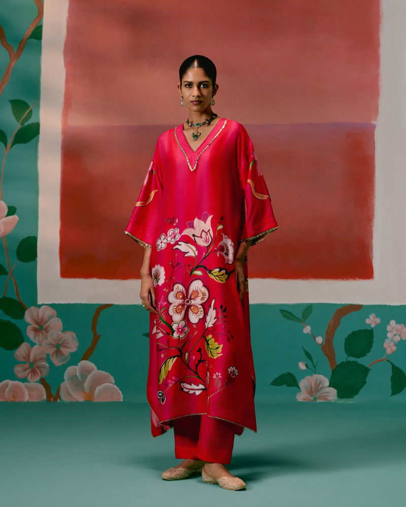 Fuschia Striped Floral Kaftan Set by Label Mogra for women Worldwide
