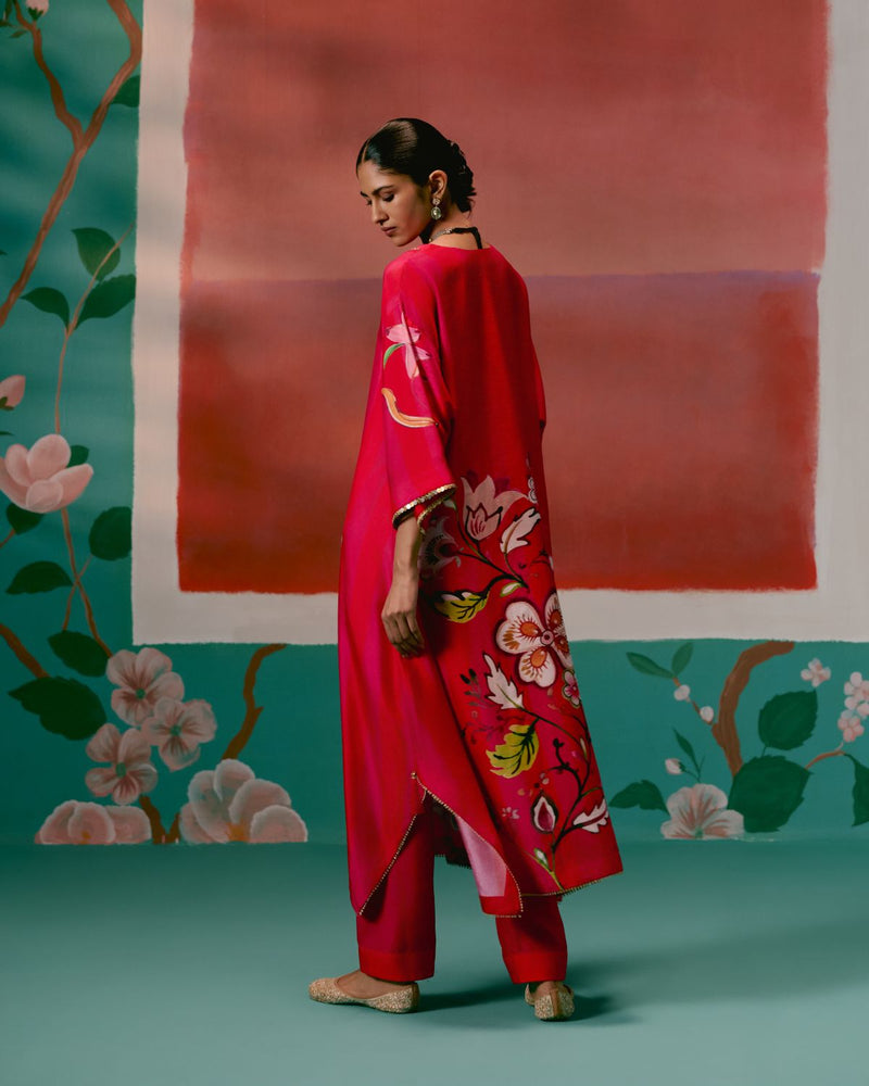 Fuschia Striped Floral Kaftan Set by Label Mogra for women Worldwide