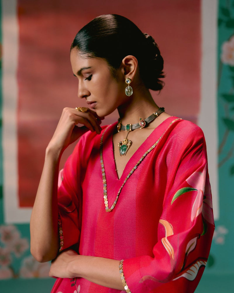 Fuschia Striped Floral Kaftan Set by Label Mogra for women Worldwide
