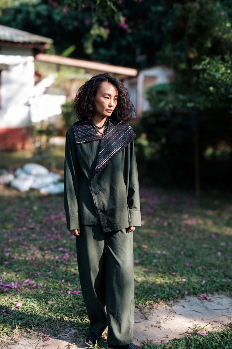 Upcycled Handwoven Barel Pants - Green cotton by The Terra Tribe in green color for women Worldwide