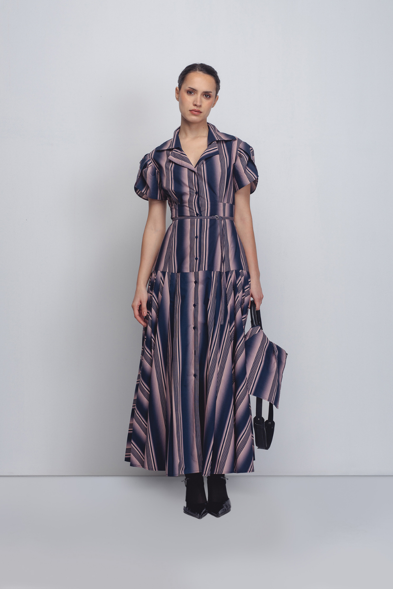 Gami Dress - Pink + Navy Stripe cotton by Leh Studios in pink color for women Worldwide