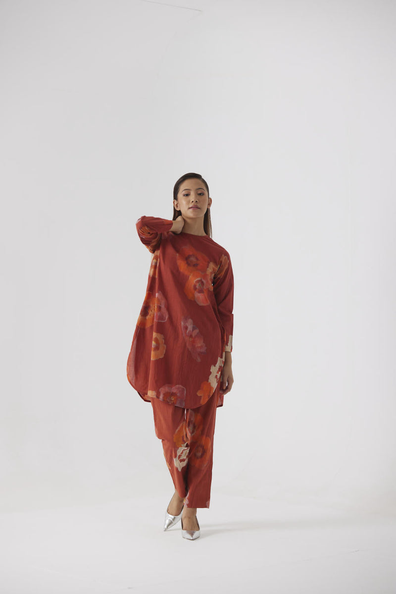 GARDENIA RED SHORT KURTA SET cotton by Yam in red color for women Worldwide