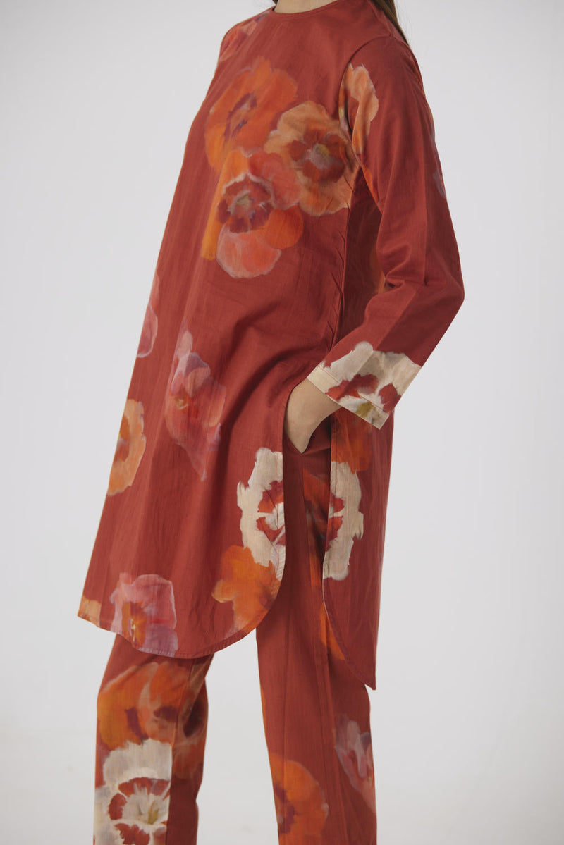 GARDENIA RED SHORT KURTA SET cotton by Yam in red color for women Worldwide