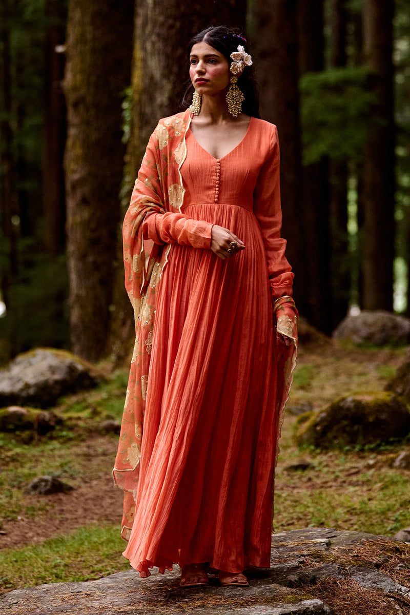Gisele Anarkali Set chanderi by Paulmi & Harsh-kahan Sep'26 in orange for women Worldwide