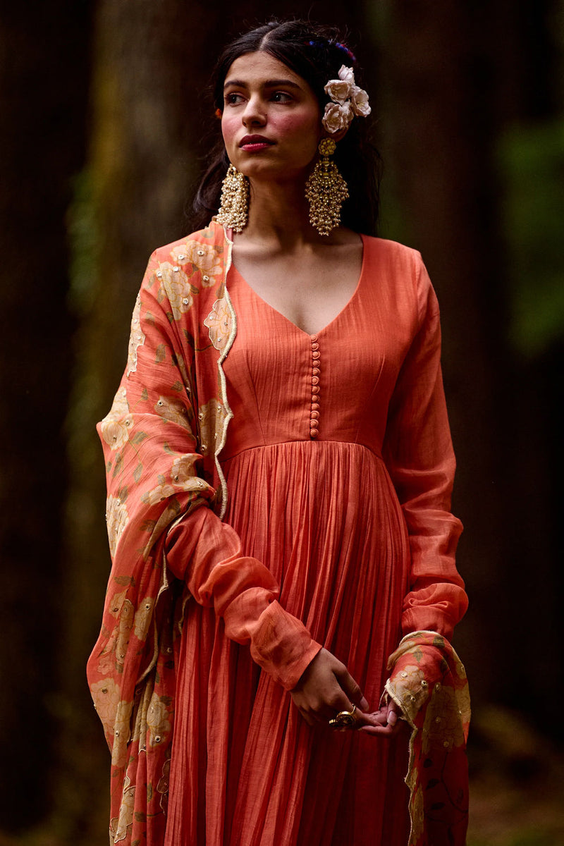 Gisele Anarkali Set chanderi by Paulmi & Harsh-kahan Sep'26 in orange for women Worldwide