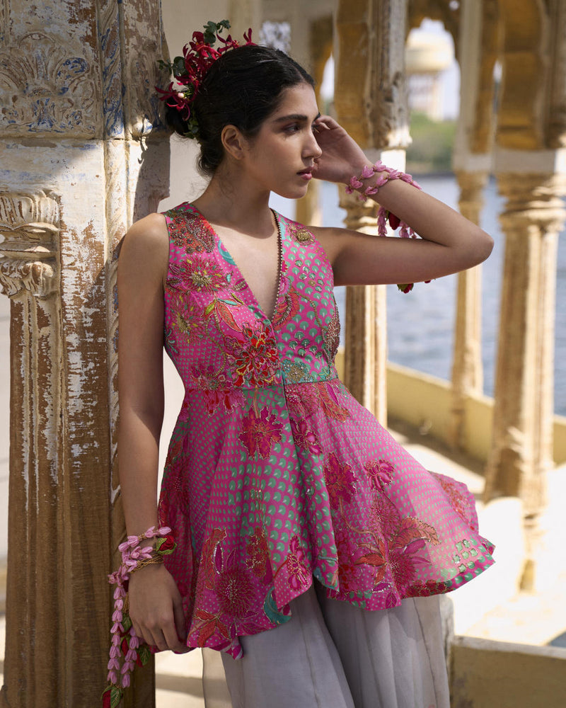GUL PINK PEPLUM SHARARA SET by Rajiramniq for women Worldwide