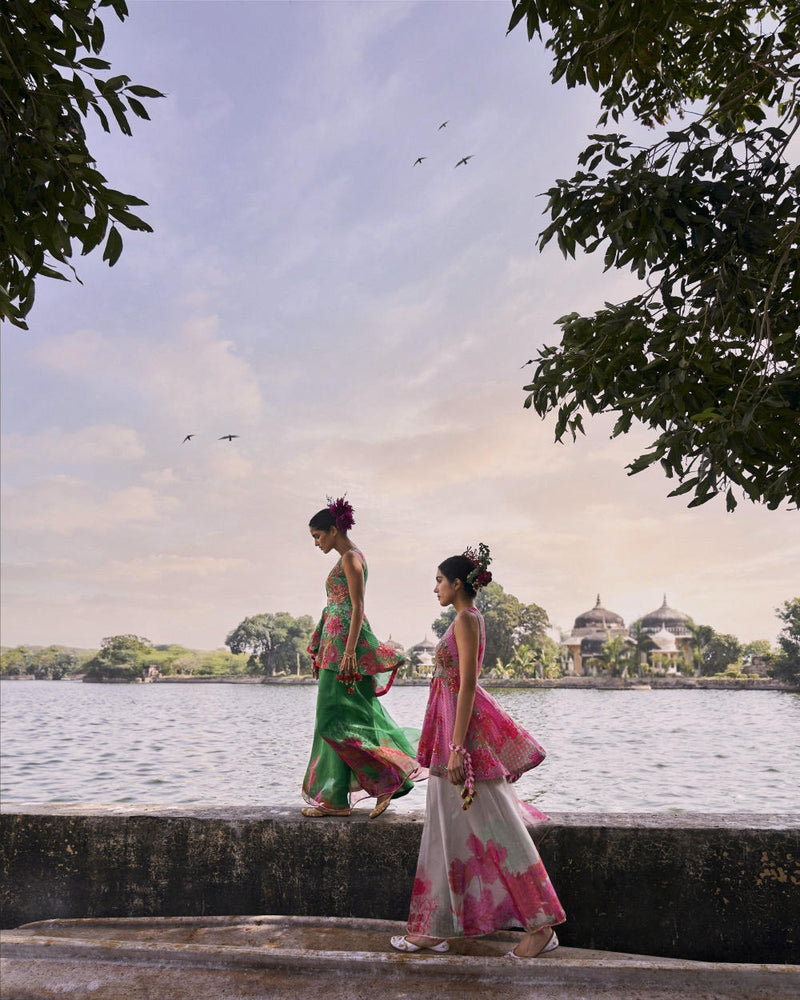 GUL PINK PEPLUM SHARARA SET by Rajiramniq for women Worldwide