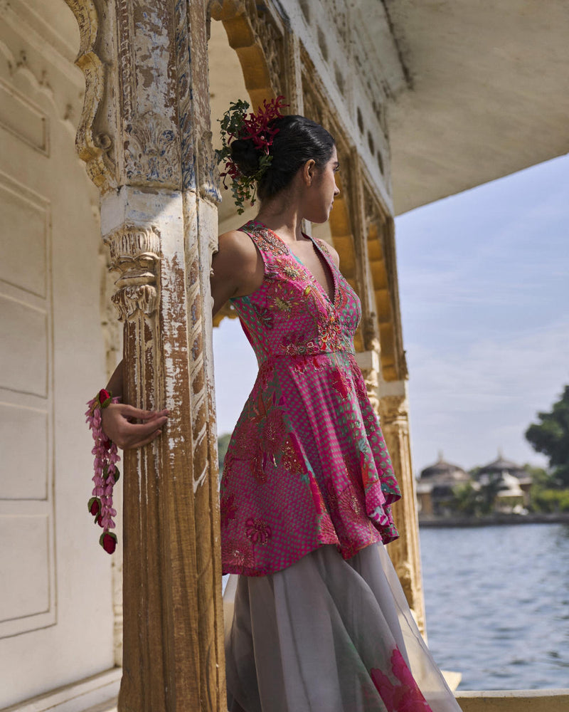 GUL PINK PEPLUM SHARARA SET by Rajiramniq for women Worldwide