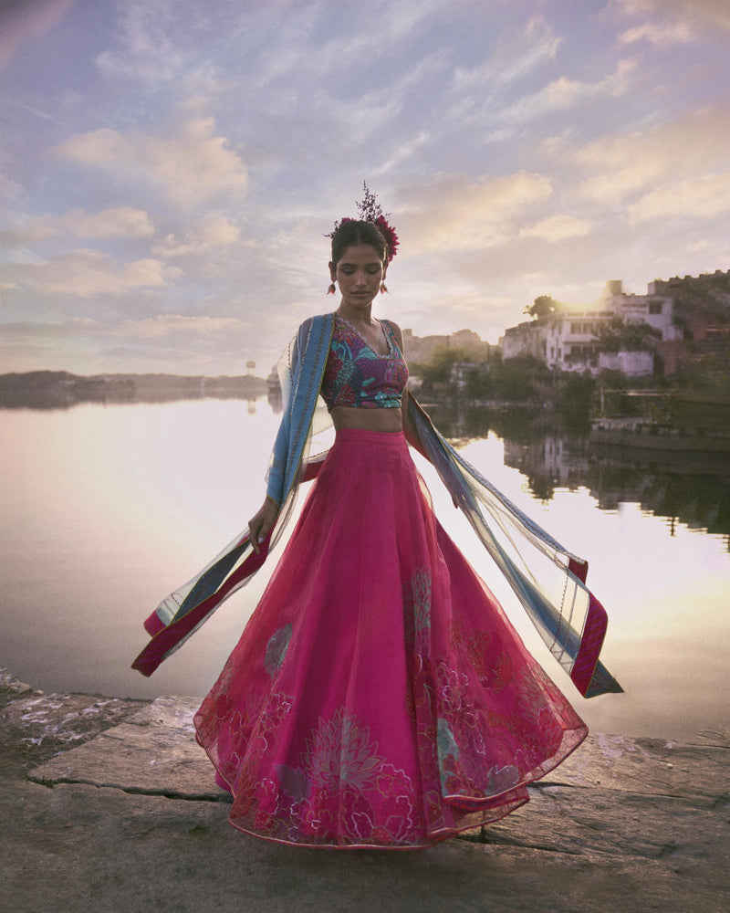 GUL FUSHIA ROSE PINK FLORAL LAHENGA SET by Rajiramniq for women Worldwide