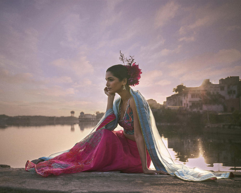 GUL FUSHIA ROSE PINK FLORAL LAHENGA SET by Rajiramniq for women Worldwide