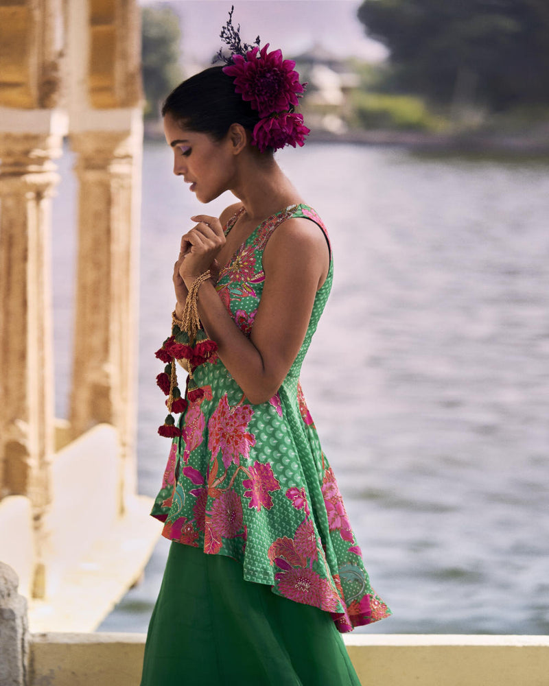 GUL GREEN PEPLUM SHARARA SET by Rajiramniq for women Worldwide