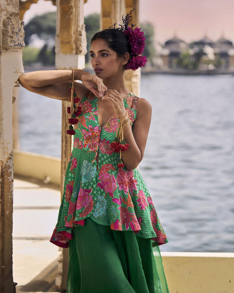 GUL GREEN PEPLUM SHARARA SET by Rajiramniq for women Worldwide