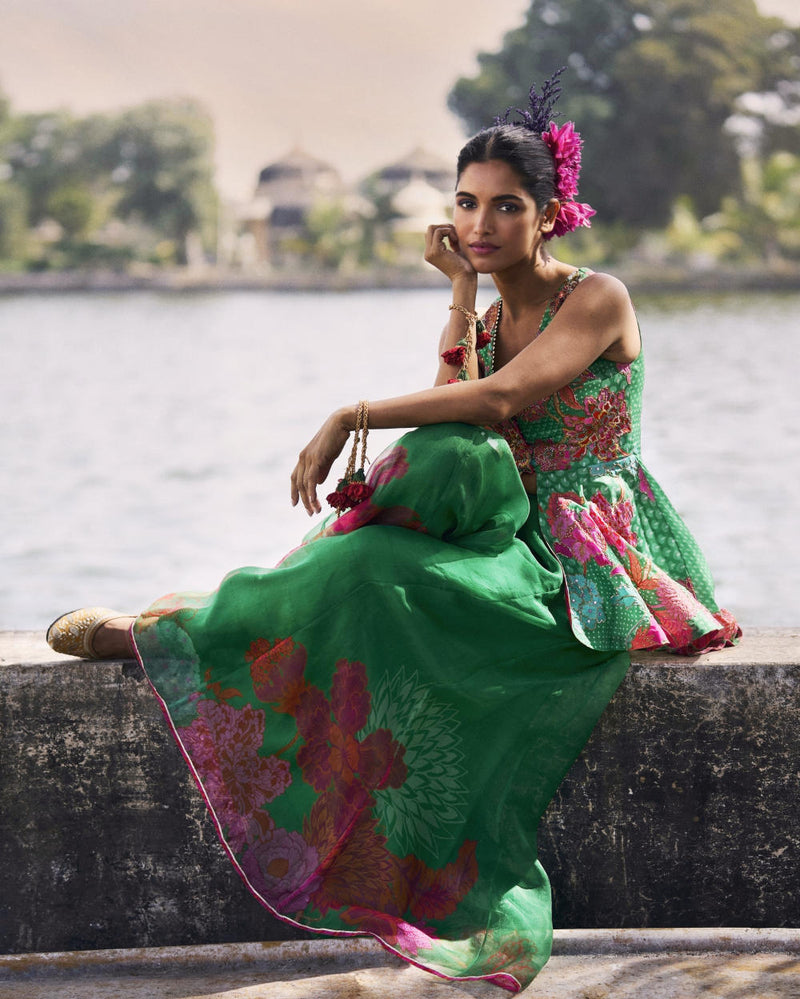 GUL GREEN PEPLUM SHARARA SET by Rajiramniq for women Worldwide
