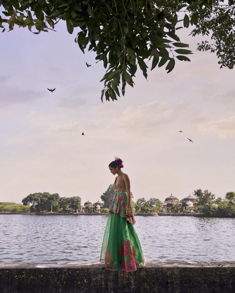 GUL GREEN PEPLUM SHARARA SET by Rajiramniq for women Worldwide