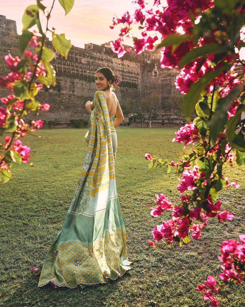 GUL SAGE GREEN PRINTED STRIPE CREPE SARI by Rajiramniq for women Worldwide
