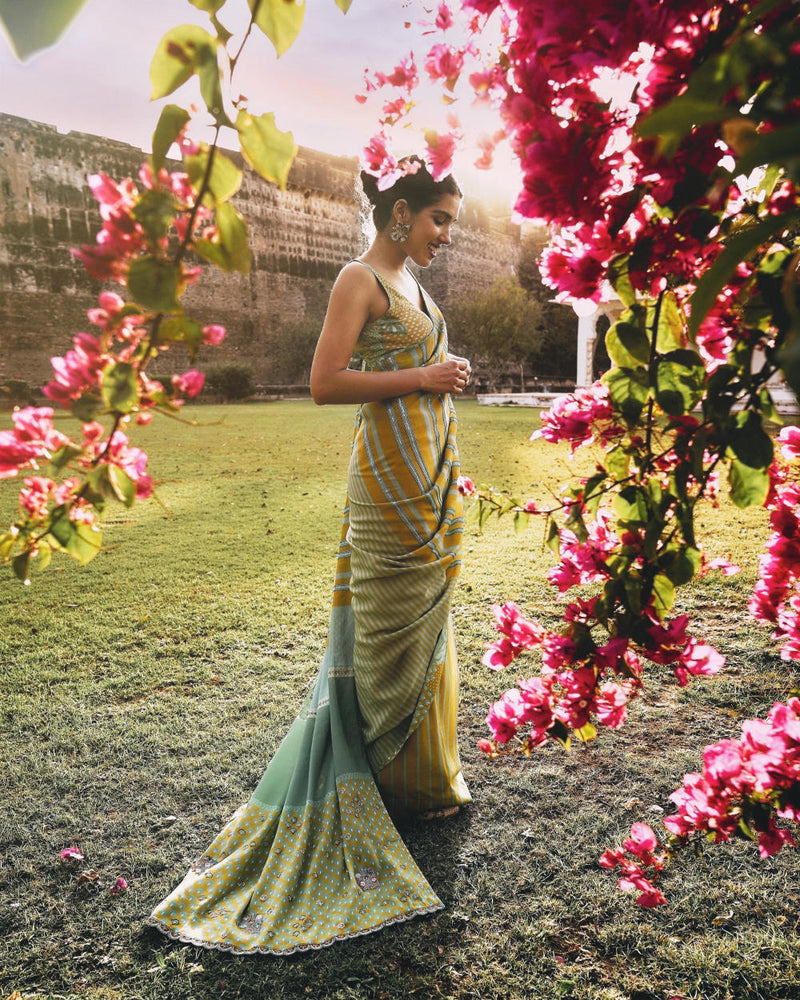 GUL SAGE GREEN PRINTED STRIPE CREPE SARI by Rajiramniq for women Worldwide