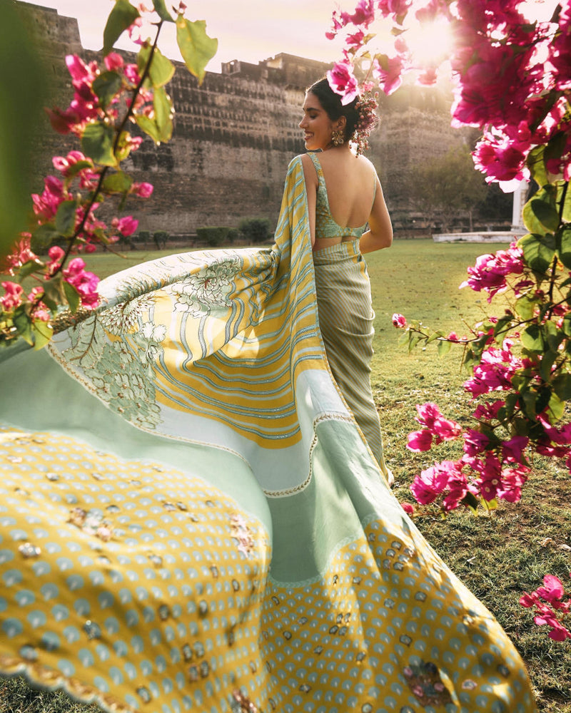 GUL SAGE GREEN PRINTED STRIPE CREPE SARI by Rajiramniq for women Worldwide