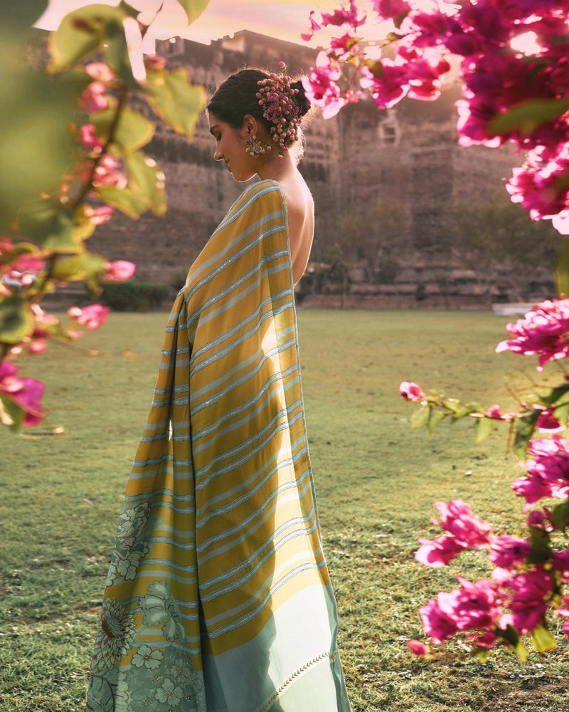 GUL SAGE GREEN PRINTED STRIPE CREPE SARI by Rajiramniq for women Worldwide