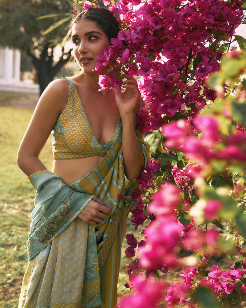 GUL SAGE GREEN PRINTED STRIPE CREPE SARI by Rajiramniq for women Worldwide