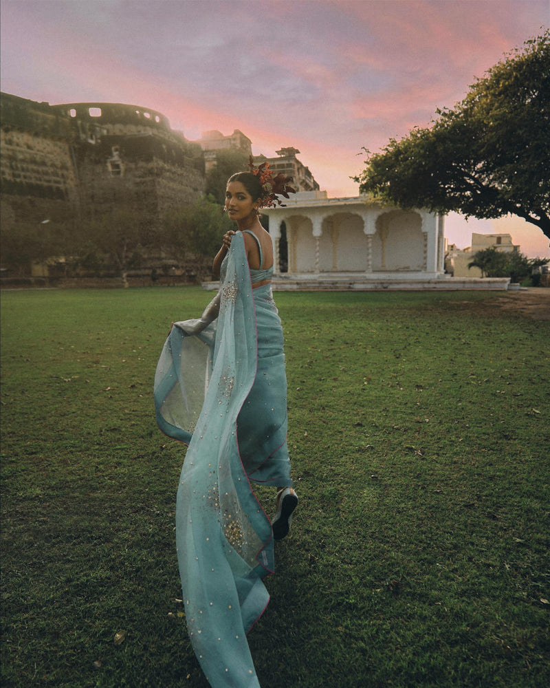 GUL ICE BLUE SEQUIN FLOWER SARI organza by Rajiramniq for women Worldwide
