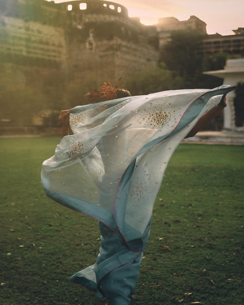GUL ICE BLUE SEQUIN FLOWER SARI organza by Rajiramniq for women Worldwide