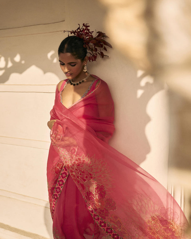 GUL FUSHIA ROSE PINK FLORAL PRINTED ORGANZA SARI organza by Rajiramniq for women Worldwide