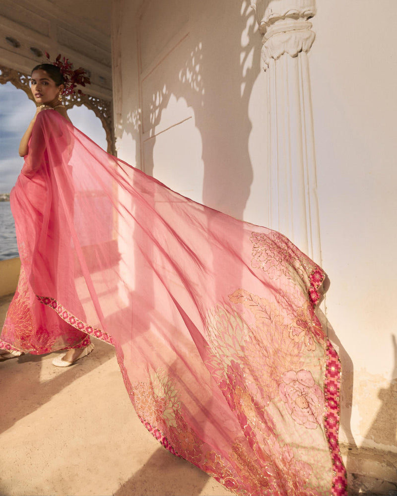 GUL FUSHIA ROSE PINK FLORAL PRINTED ORGANZA SARI organza by Rajiramniq for women Worldwide