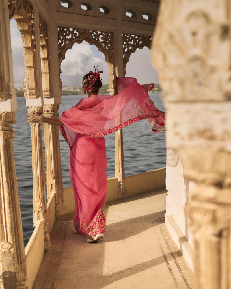 GUL FUSHIA ROSE PINK FLORAL PRINTED ORGANZA SARI organza by Rajiramniq for women Worldwide