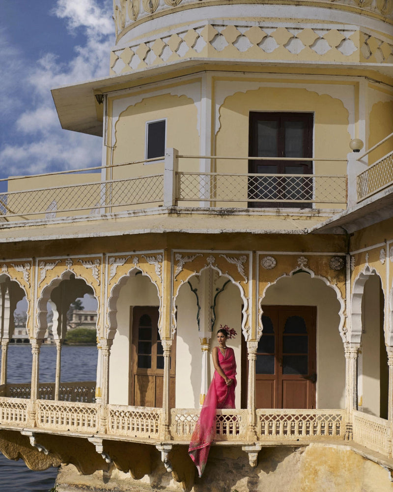 GUL FUSHIA ROSE PINK FLORAL PRINTED ORGANZA SARI organza by Rajiramniq for women Worldwide