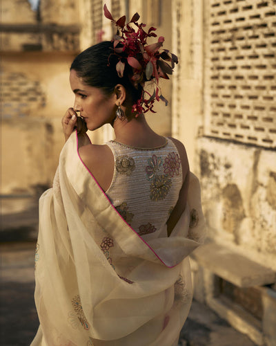 GUL IVORY FLORAL ORGANZA SARI