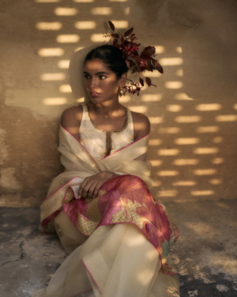 GUL IVORY FLORAL ORGANZA SARI organza by Rajiramniq for women Worldwide