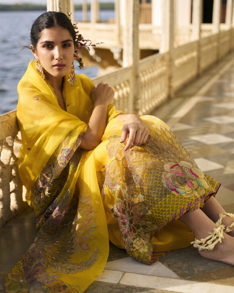 GUL YELLOW FLORAL ORGANZA SARI organza by Rajiramniq for women Worldwide