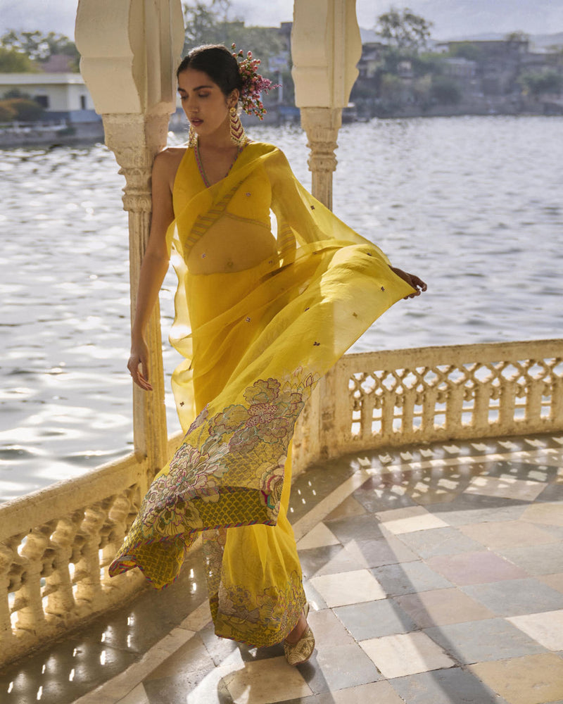 GUL YELLOW FLORAL ORGANZA SARI organza by Rajiramniq for women Worldwide