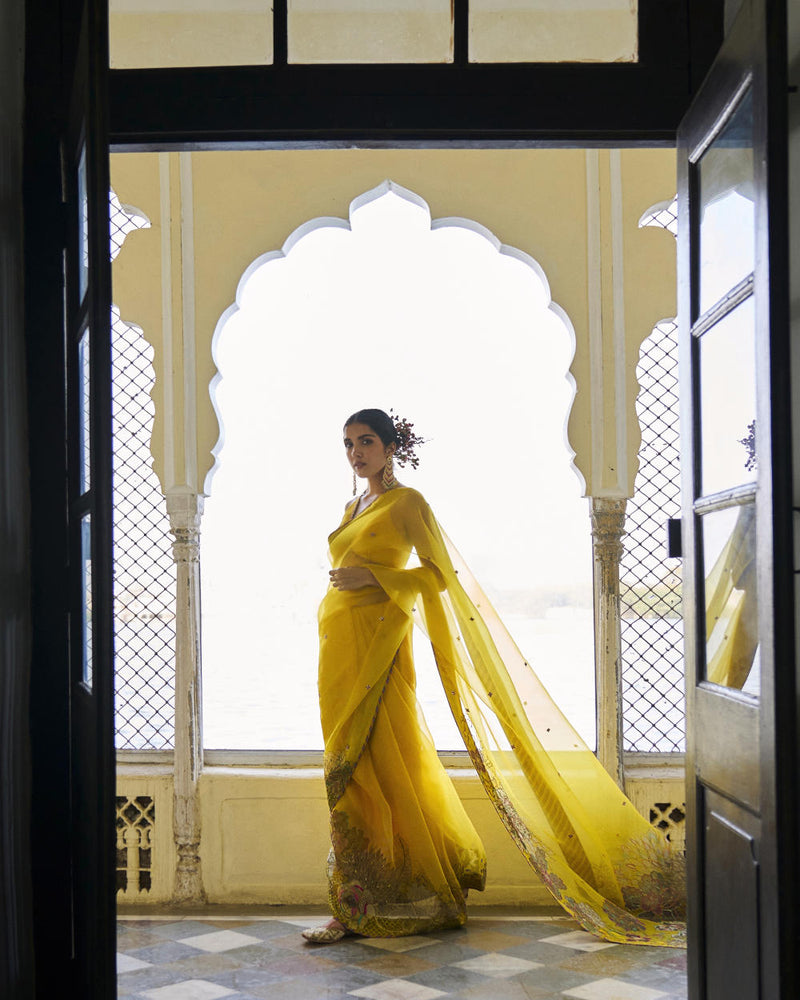 GUL YELLOW FLORAL ORGANZA SARI organza by Rajiramniq for women Worldwide