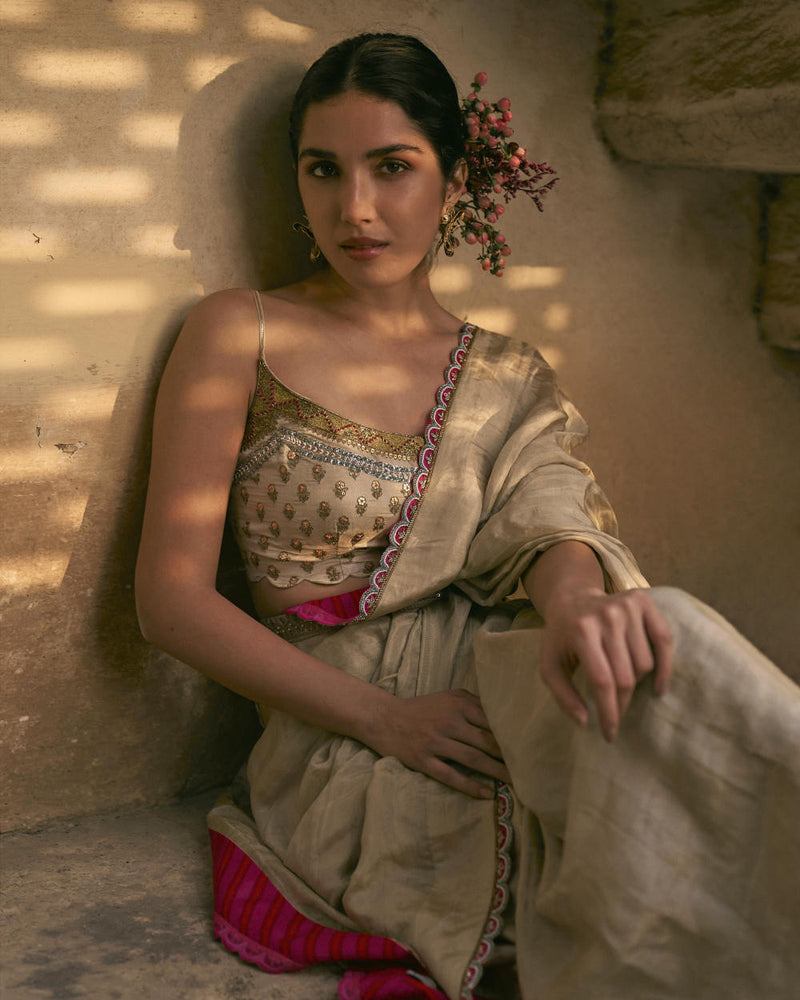 GUL IVORY FLORAL TISSUE SARI silk by Rajiramniq for women Worldwide