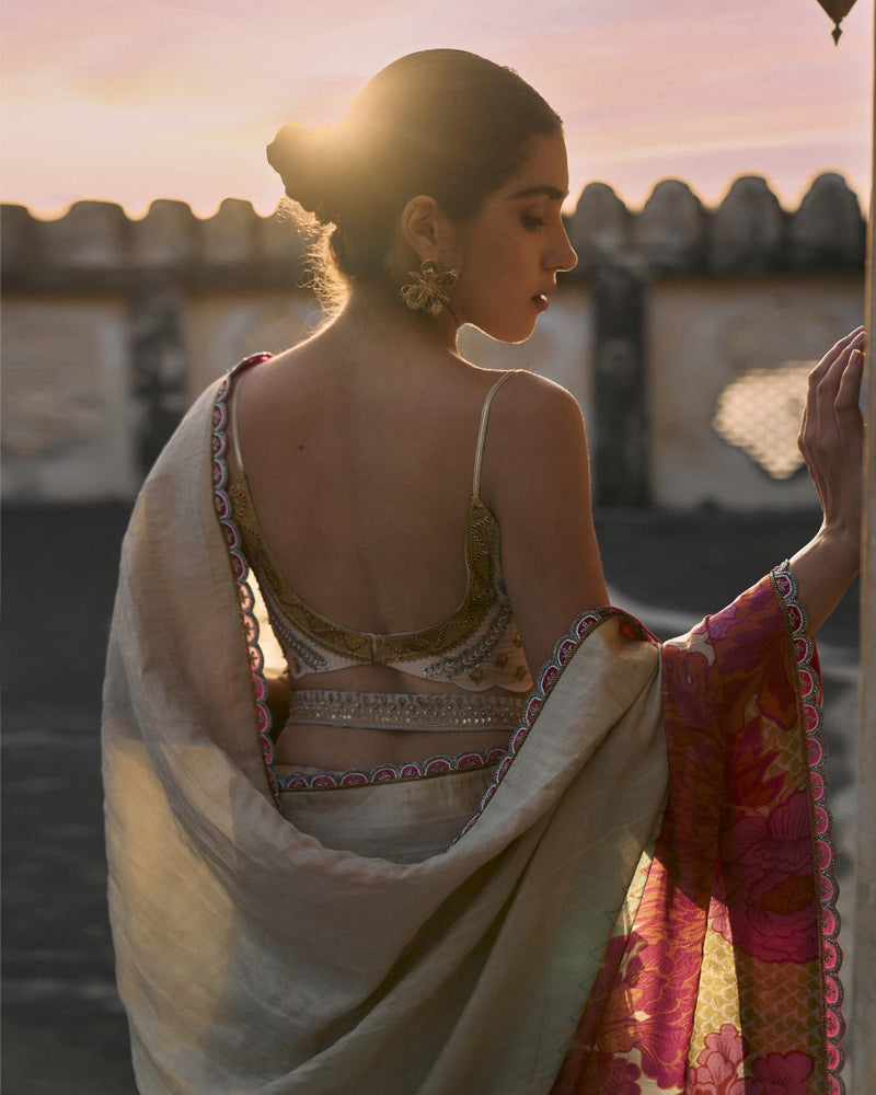 GUL IVORY FLORAL TISSUE SARI silk by Rajiramniq for women Worldwide