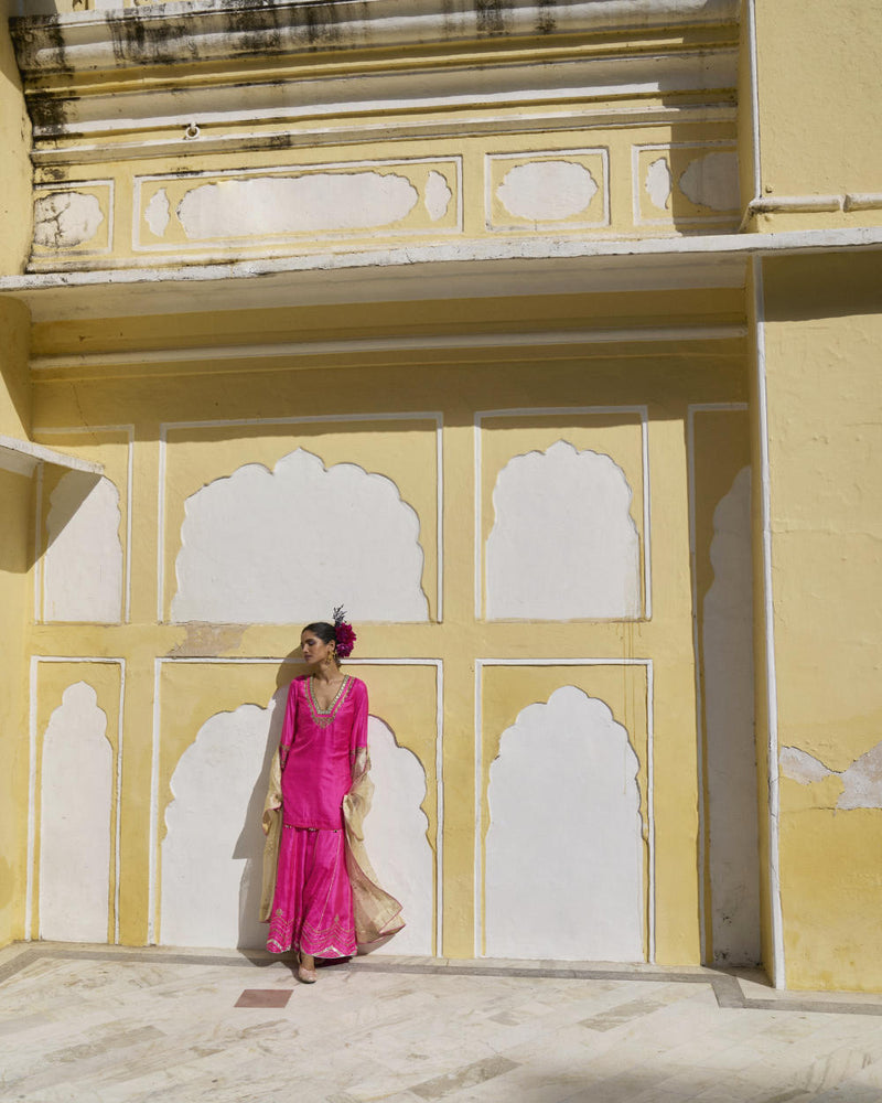GUL HOT PINK SILK SHARARA SET silk by Rajiramniq for women Worldwide