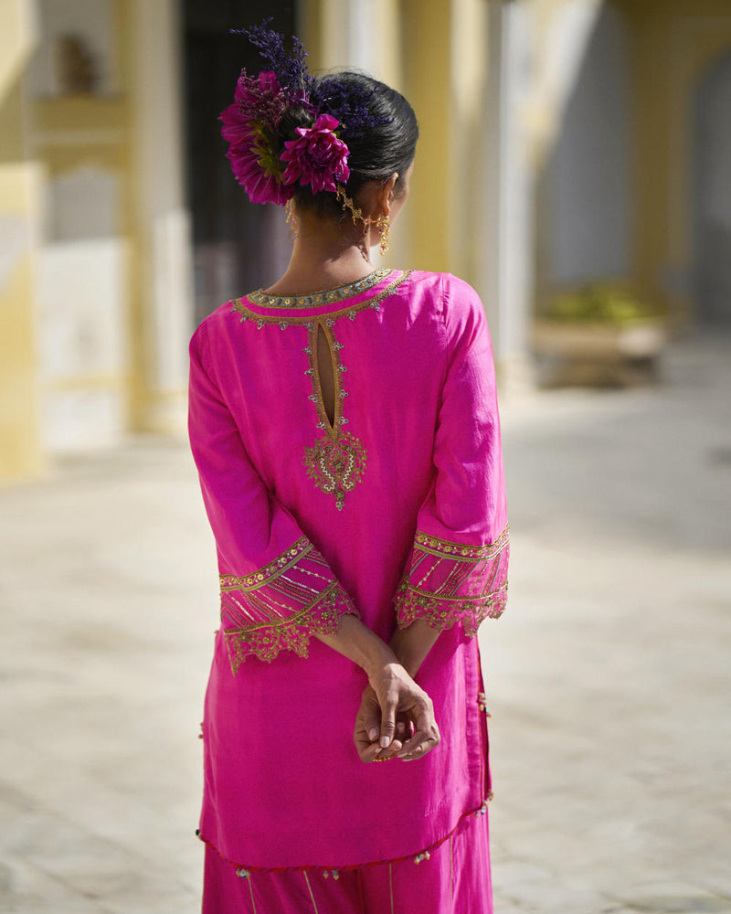 GUL HOT PINK SILK SHARARA SET silk by Rajiramniq for women Worldwide