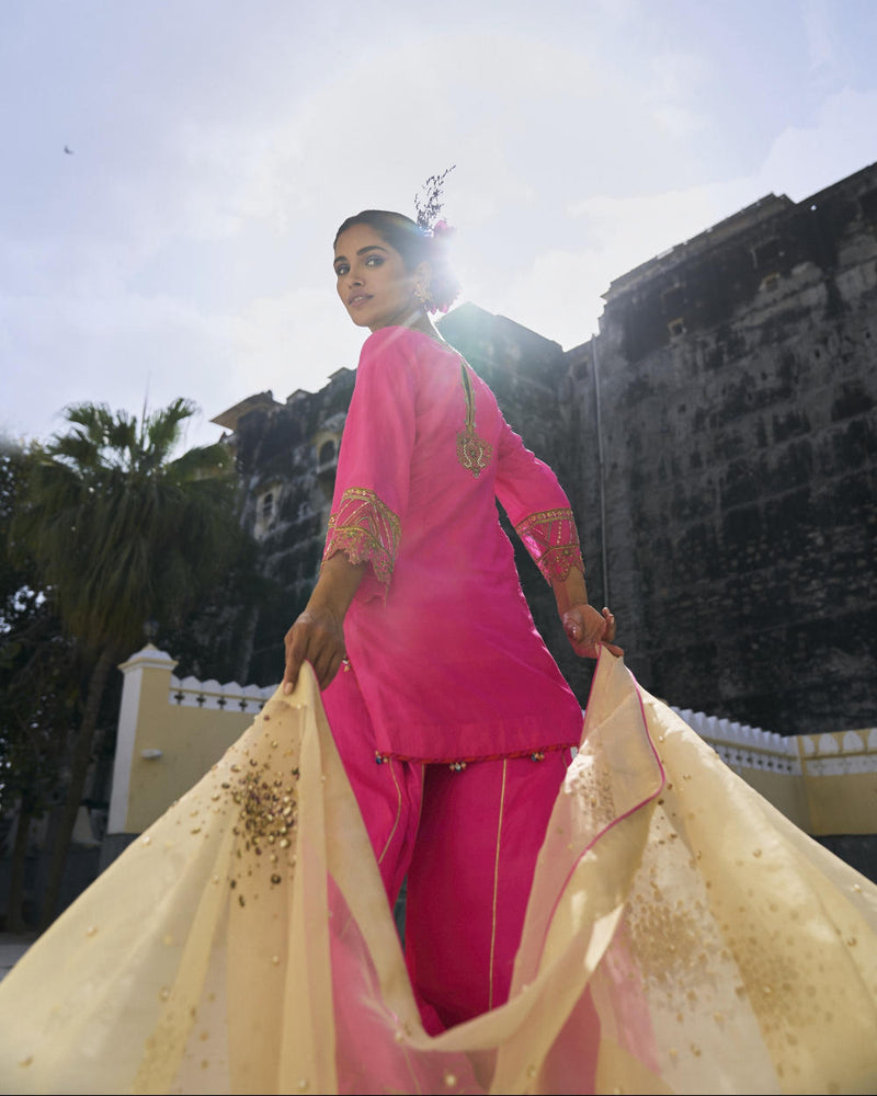 GUL HOT PINK SILK SHARARA SET silk by Rajiramniq for women Worldwide