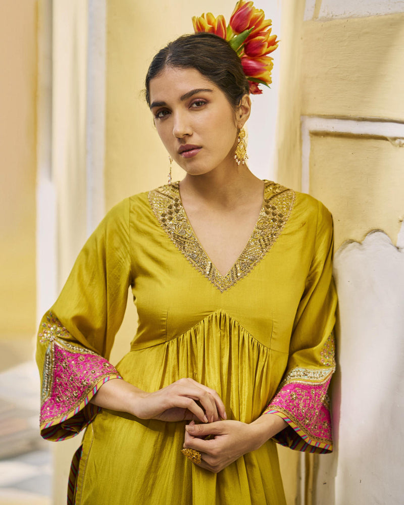 GUL LIME YELLOW BELL SLEEVE SILK KURTA SET silk by Rajiramniq for women Worldwide