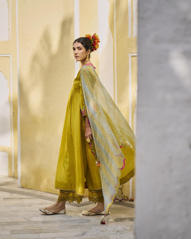 GUL LIME YELLOW BELL SLEEVE SILK KURTA SET silk by Rajiramniq for women Worldwide
