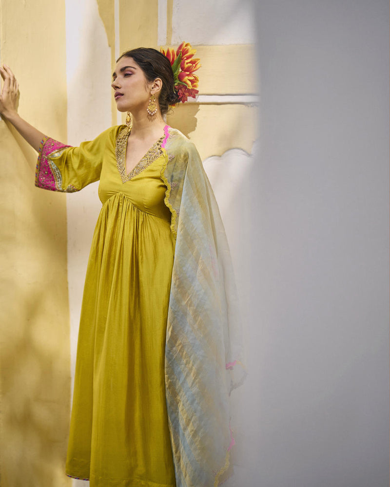 GUL LIME YELLOW BELL SLEEVE SILK KURTA SET silk by Rajiramniq for women Worldwide