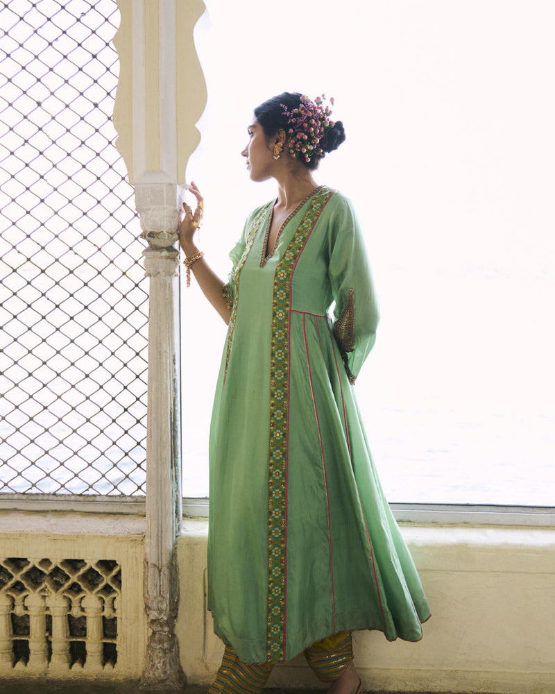 GUL SAGE GREEN SIDE KALI SILK KURTA SET silk by Rajiramniq for women Worldwide