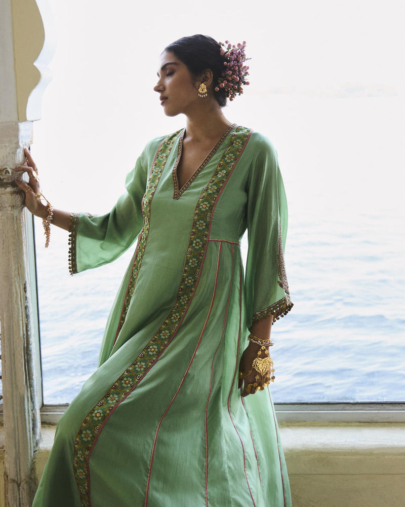 GUL SAGE GREEN SIDE KALI SILK KURTA SET silk by Rajiramniq for women Worldwide