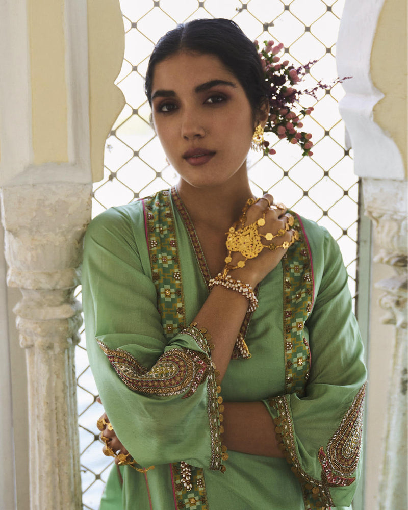 GUL SAGE GREEN SIDE KALI SILK KURTA SET silk by Rajiramniq for women Worldwide