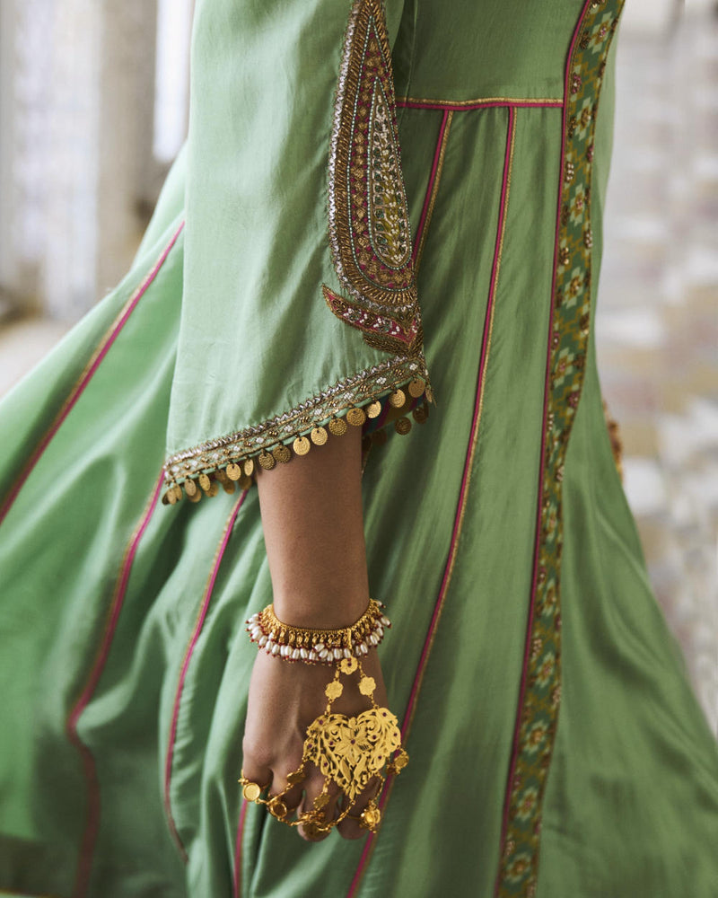 GUL SAGE GREEN SIDE KALI SILK KURTA SET silk by Rajiramniq for women Worldwide