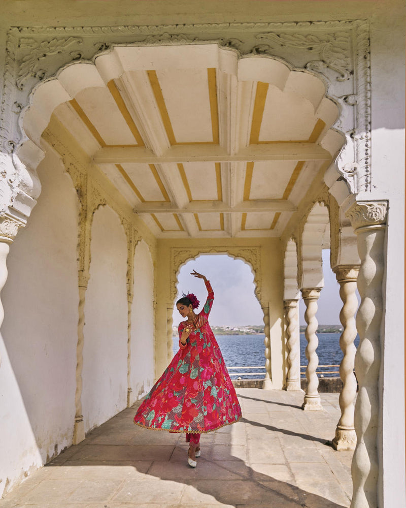 GUL JESTER RED PRINTED CREPE SHORT YOKE ANARKALI SET by Rajiramniq for women Worldwide