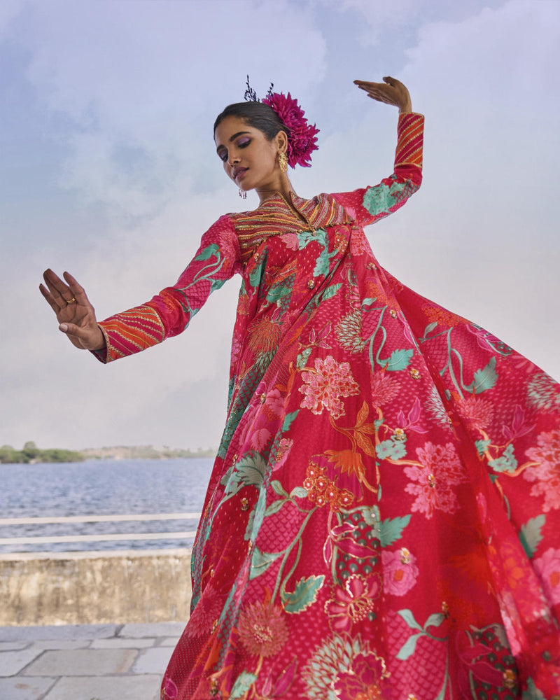 GUL JESTER RED PRINTED CREPE SHORT YOKE ANARKALI SET by Rajiramniq for women Worldwide