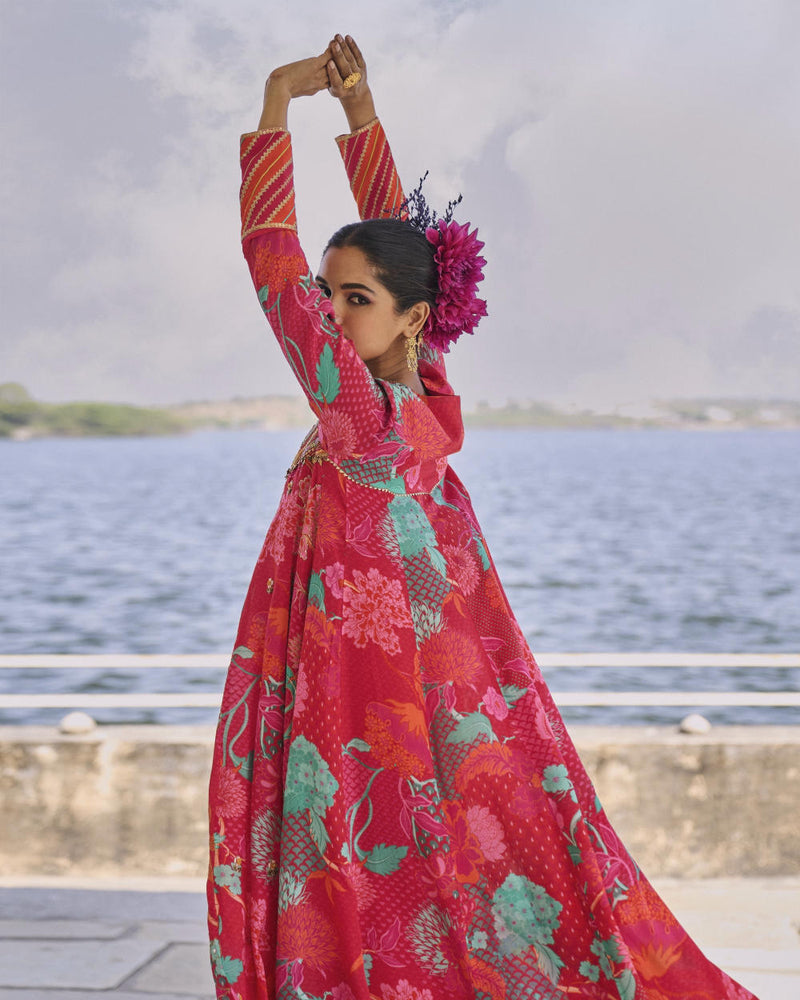 GUL JESTER RED PRINTED CREPE SHORT YOKE ANARKALI SET by Rajiramniq for women Worldwide